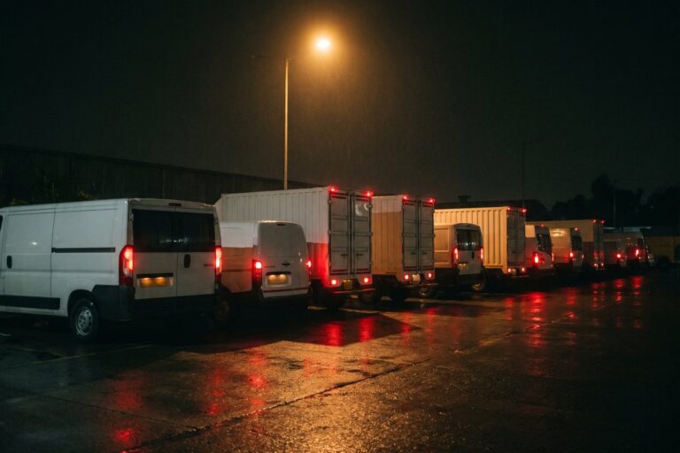 Row of delivery vans in a depot at night