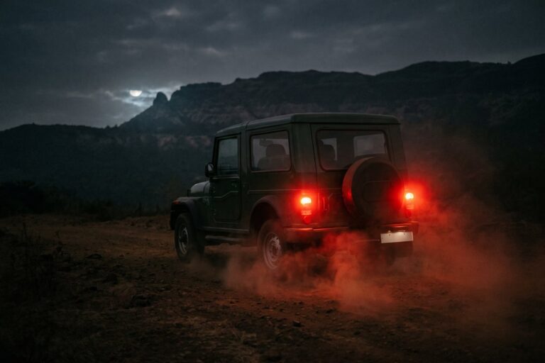 Off-road SUV kicking up dust on a hill track at night
