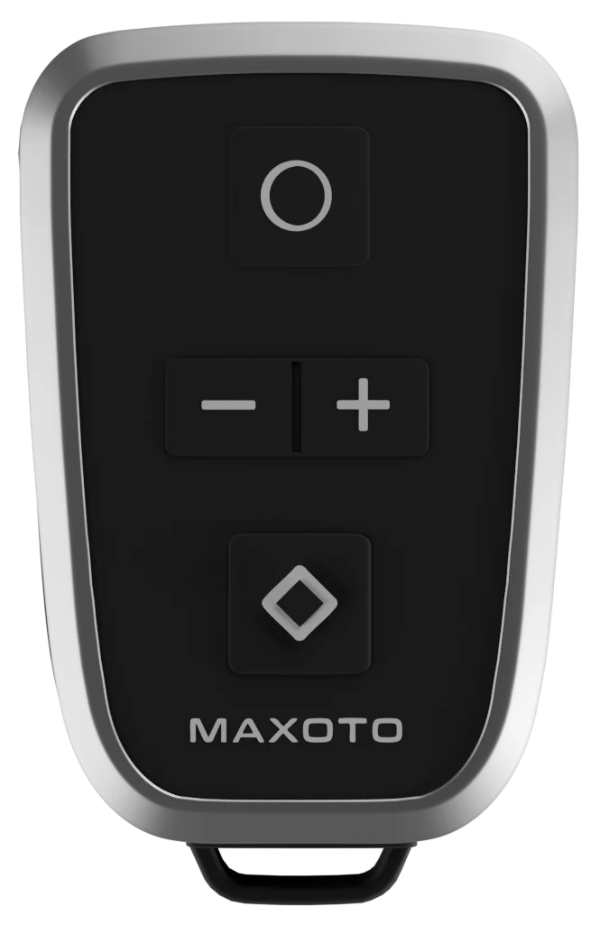 MAXOTO Control Pod, front: programme ring button with battery indicator, intensity minus and plus rocker, diamond button with Limit and immobiliser indicators.