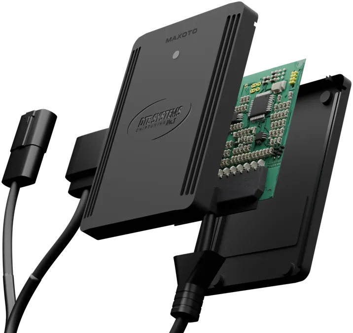 The PedalBox unit opened: housing, controller board and OEM harness connectors.